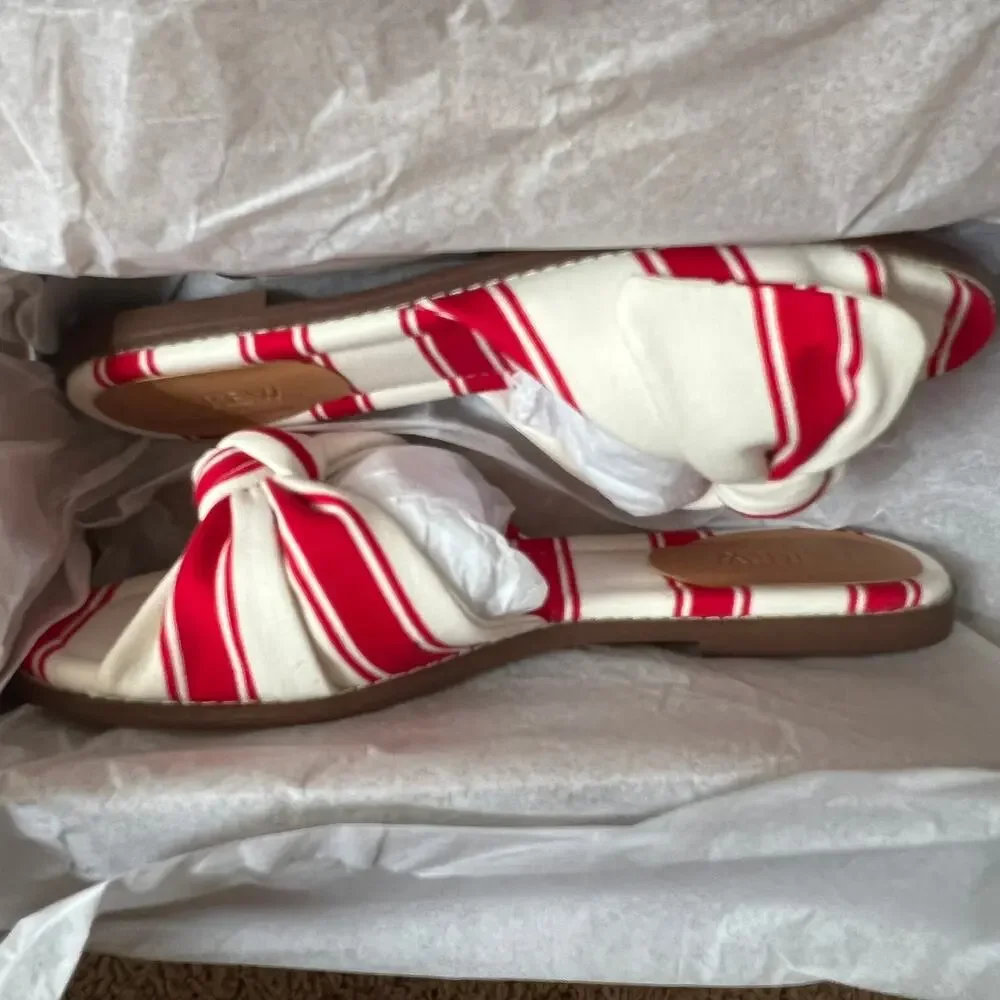 J.Crew Red/ Ivory Stripe Print Knot Slide Sandals, US8.5 - Picture 10 of 12
